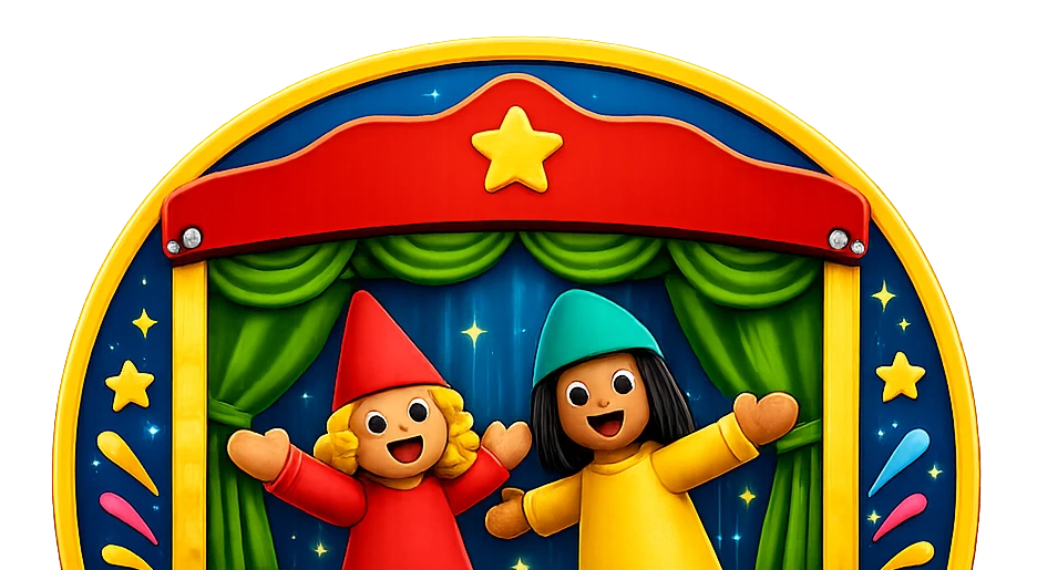 Two colourful puppets waving from a theatre stage